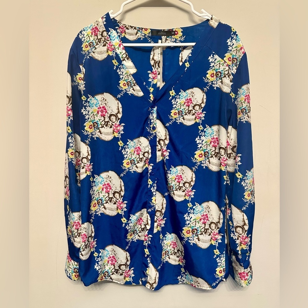 Y2K Vibes Millau Blue Floral Skull Button Down Shirt Size Medium